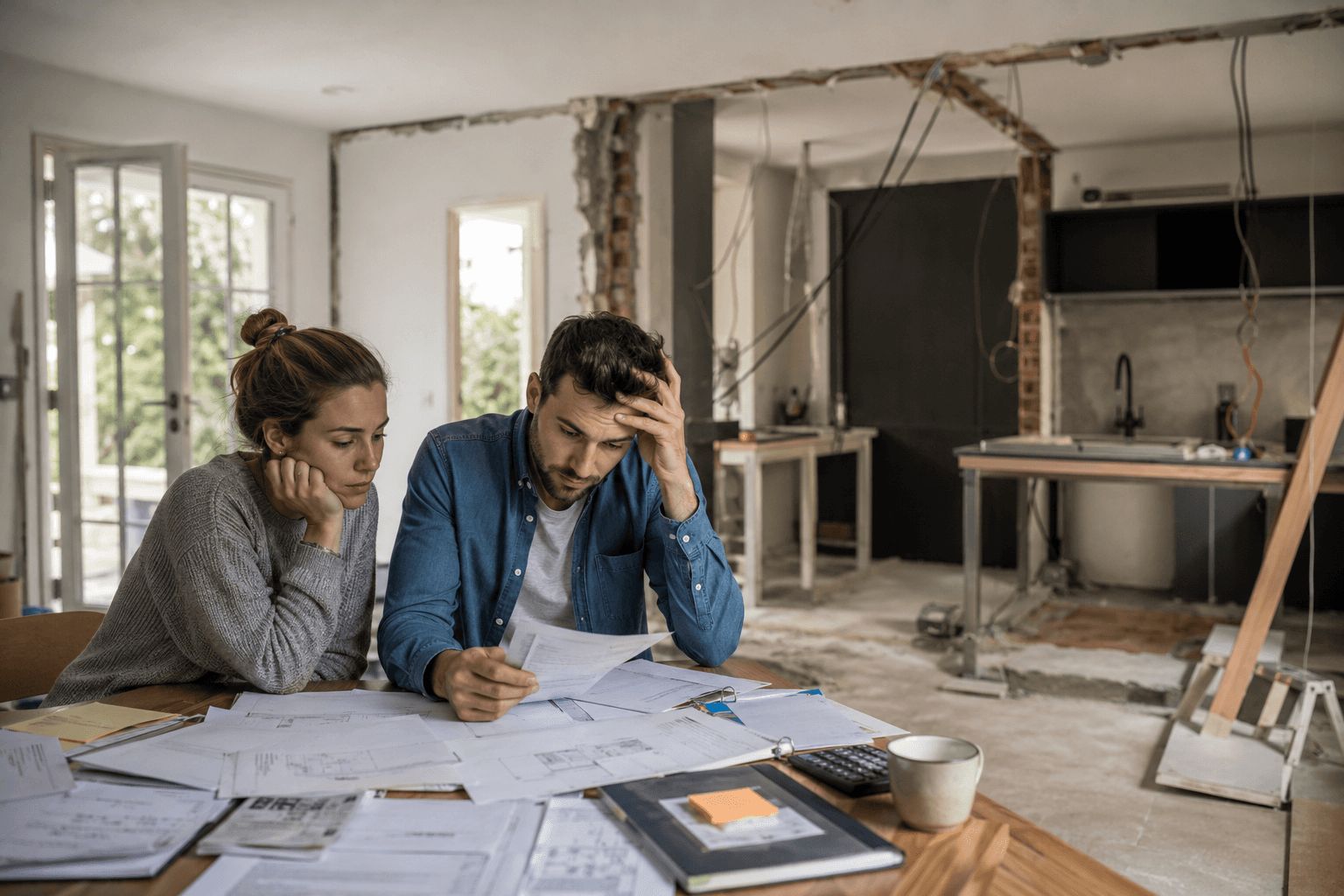 Couple analysant des devis de rénovation après l’achat d’une maison en Belgique