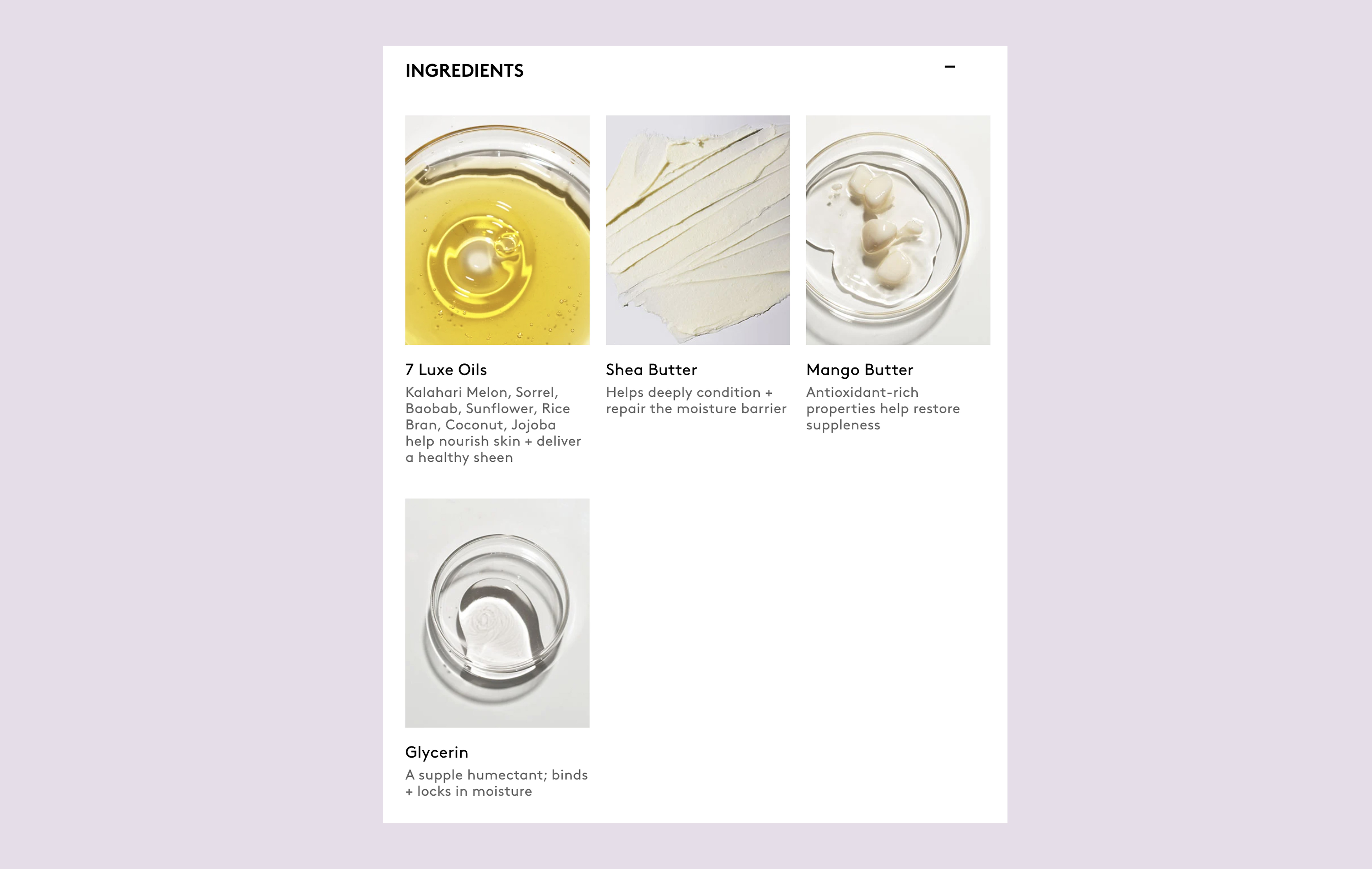 Ingredient module highlighting key actives with simple descriptions