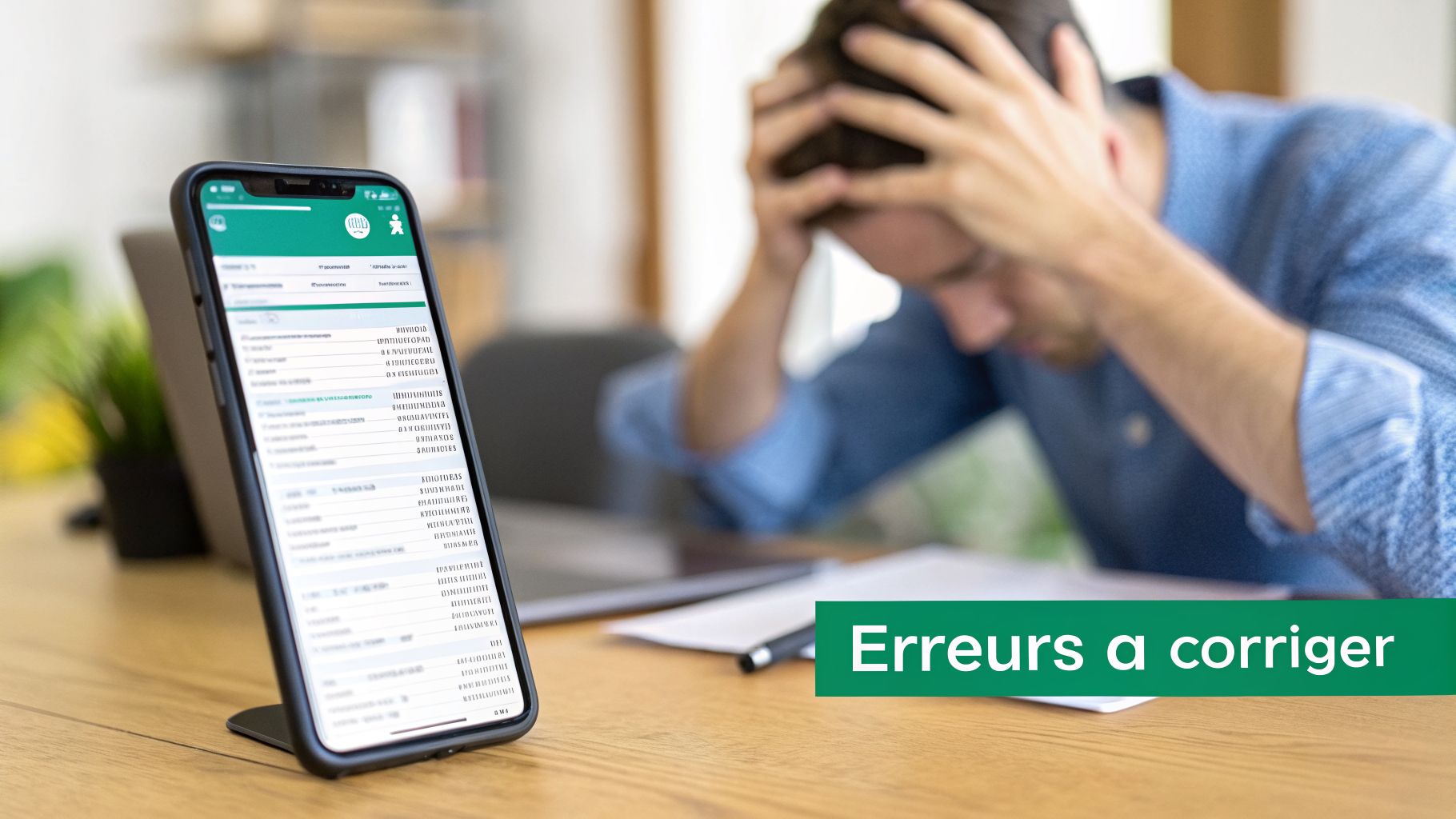 Une personne stressée se tient la tête, regardant un smartphone affichant des erreurs à corriger.