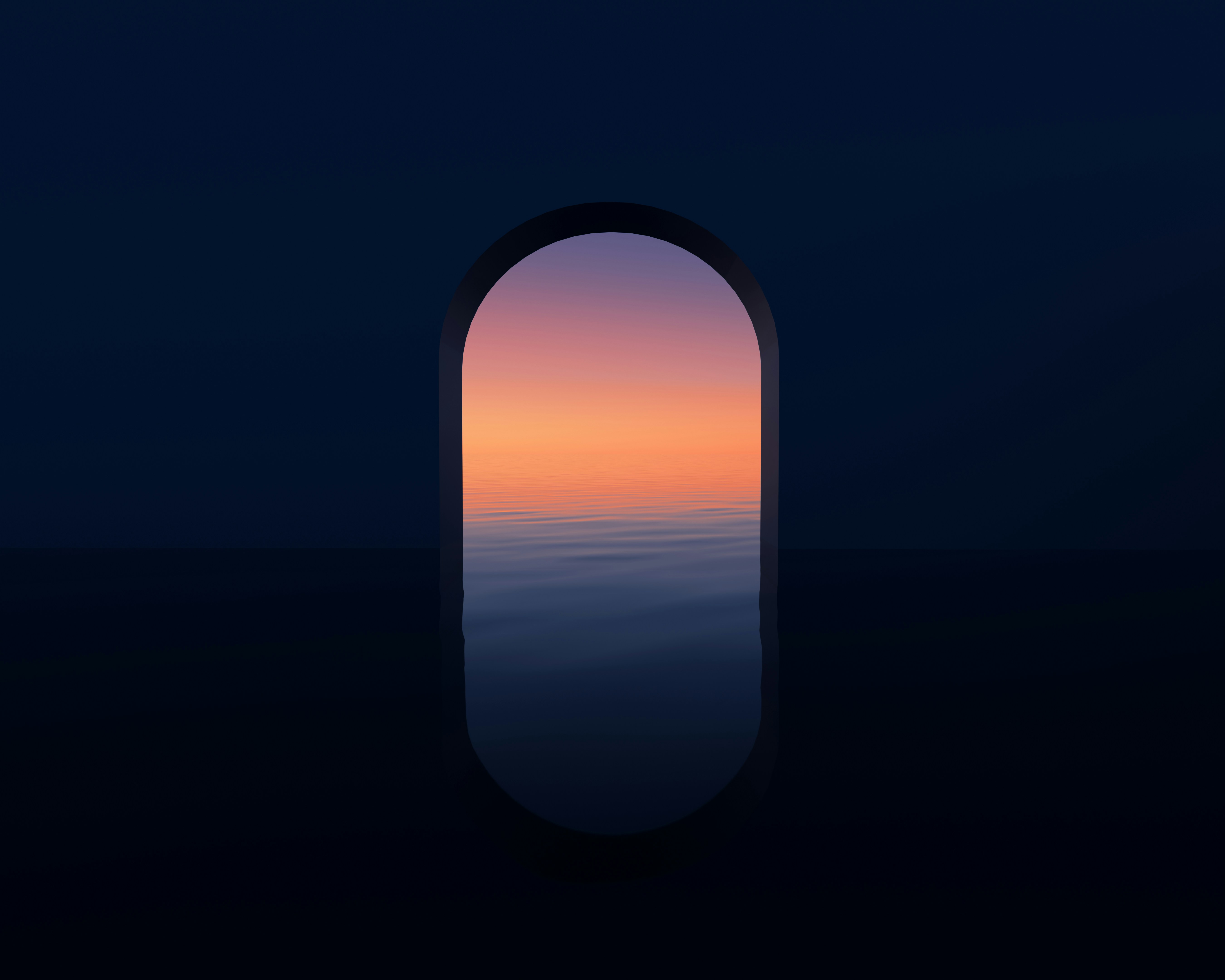 Sunset over calm ocean viewed through oval window.