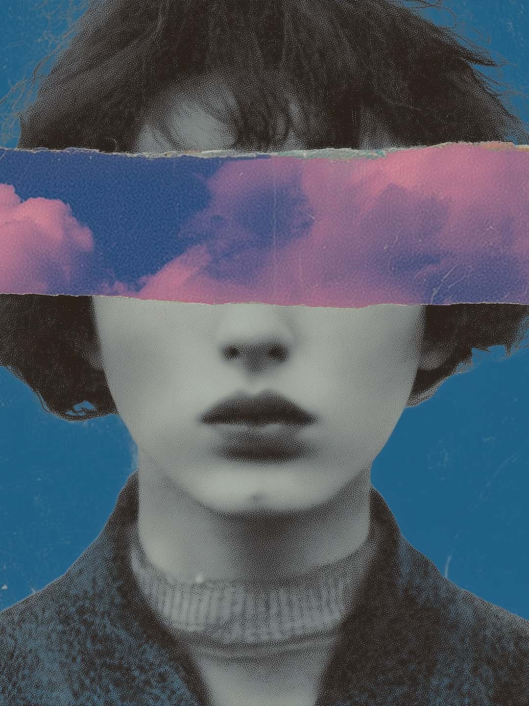 Conceptual portrait with a pink cloud covering eyes, surreal art exploring perception.