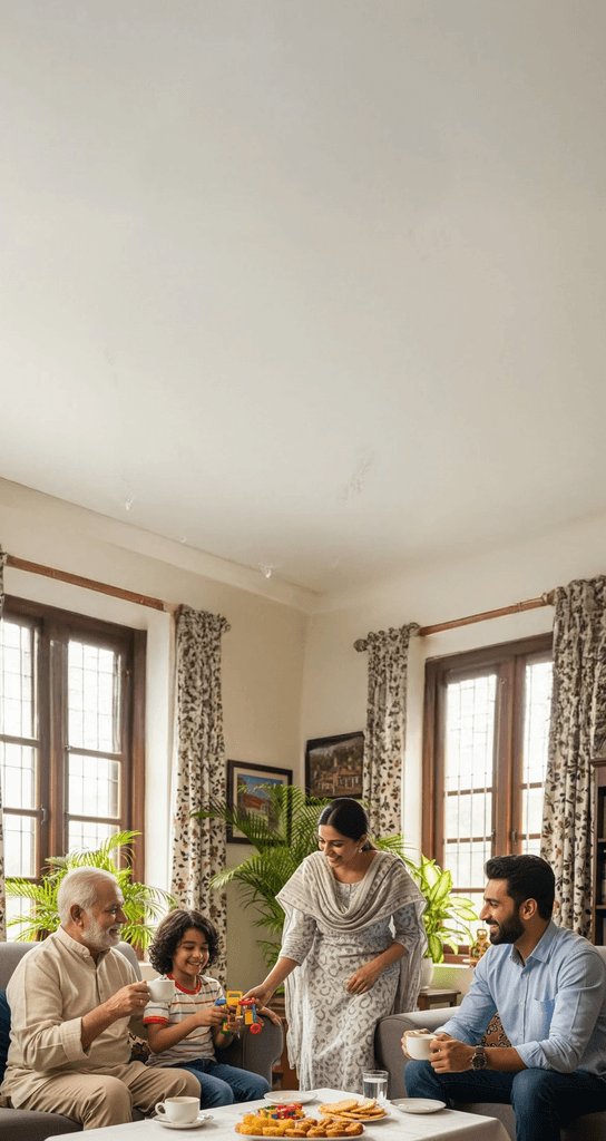 Indian family at home, with a woman interacting warmly with her young child while two men, the child's father and grandfather, sit nearby sipping tea, creating a relaxed household scene.