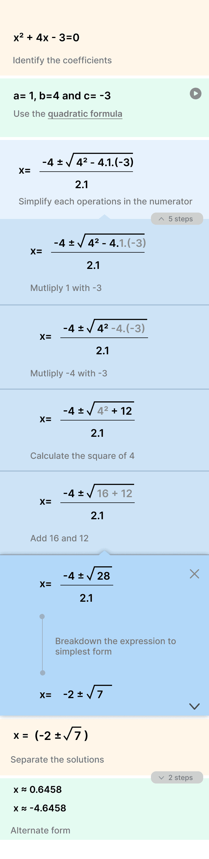 Wireframe exploration of accordion style design pattern to show complex mathematic equations