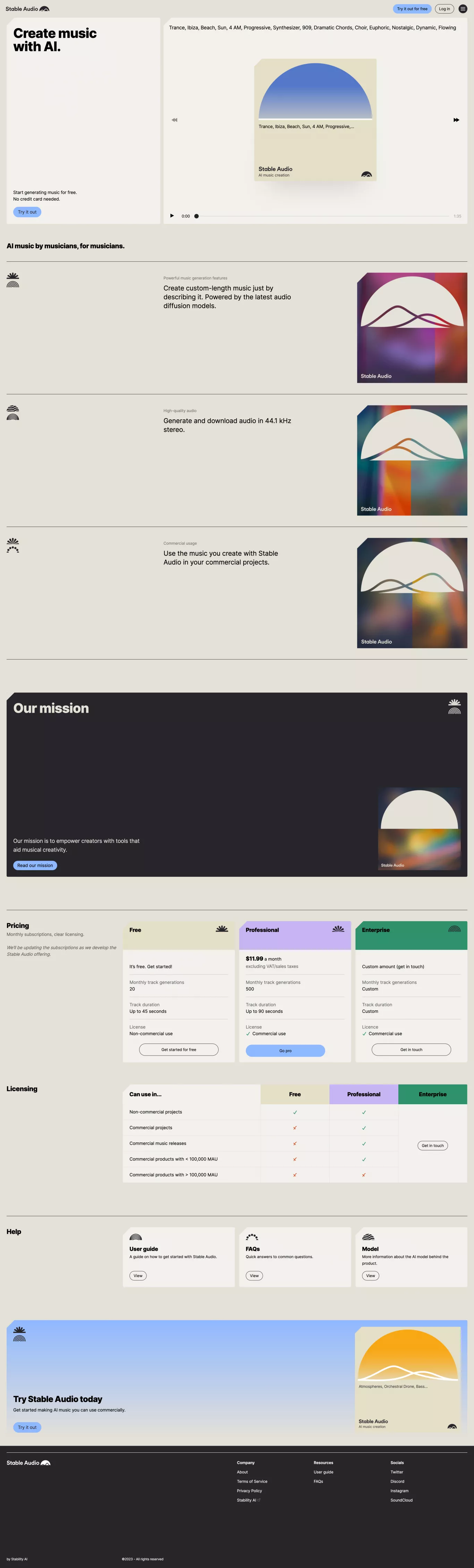 Stable Audio - Generative AI for music & landing page screenshot showcasing Tech and Music design