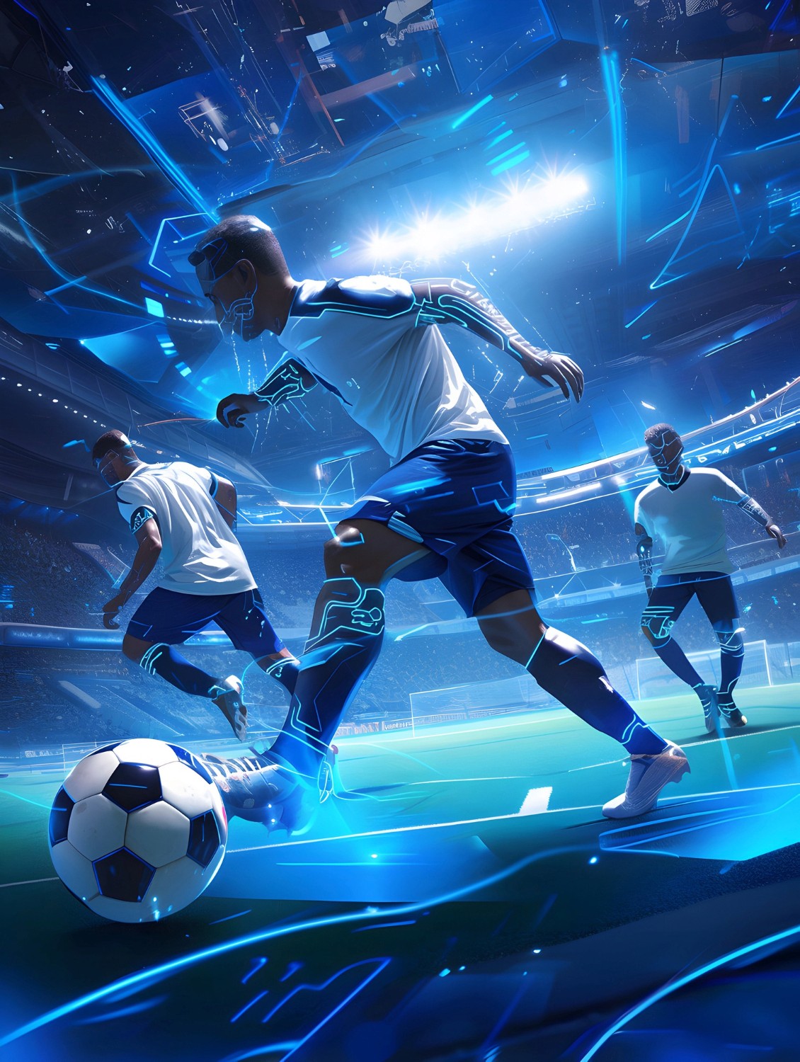 Soccer players in a stadium with blue glowing cybernetic enhancements kicking a ball