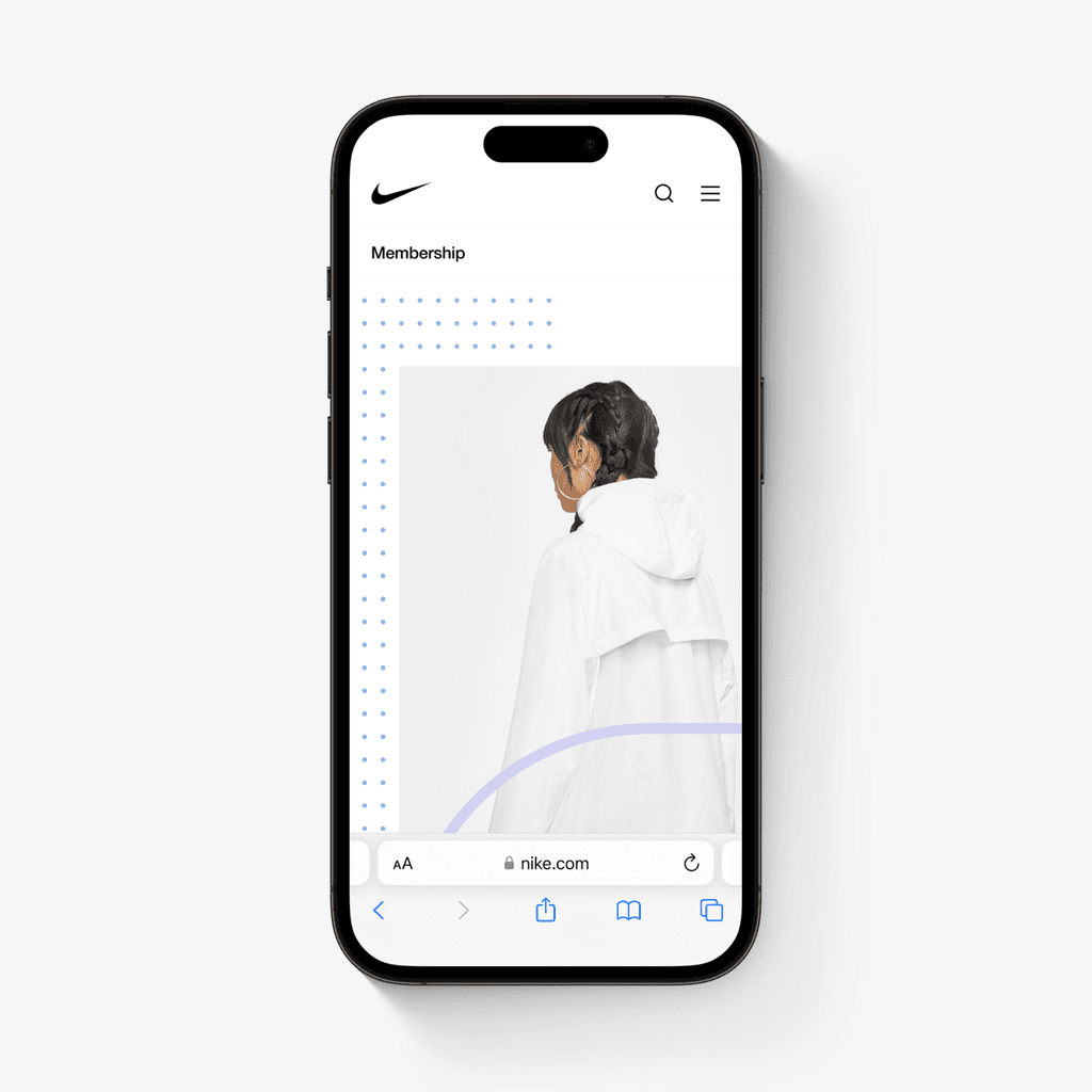 Nike.com membership page mobile UI on iPhone with dot-grid pattern, by Michael Novia