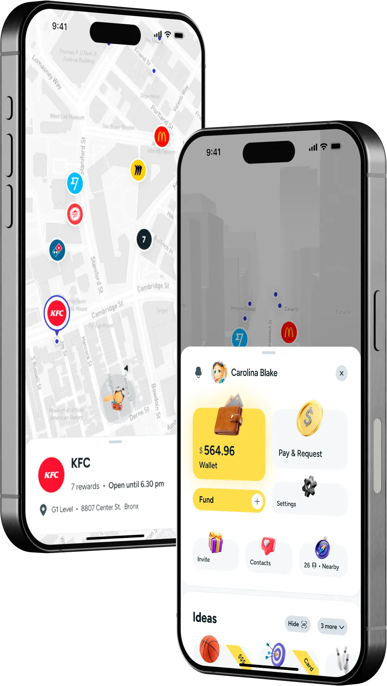 Two smartphones displaying the Qubi app interface — a gamified loyalty platform with brand map and digital wallet rewards.