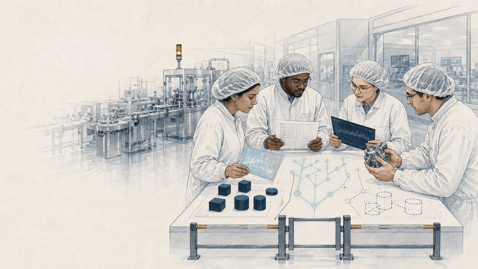 « Équipe Production, Qualité, QC et Technique analysant collectivement un arrêt de production pharmaceutique. »
