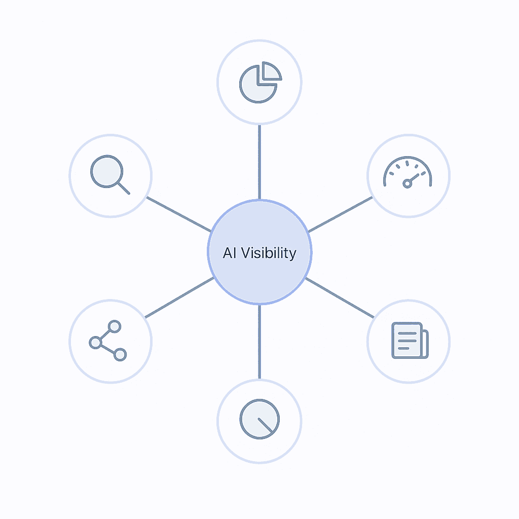 Isometric radial diagram with five metric icons orbiting a central AI visibility hub