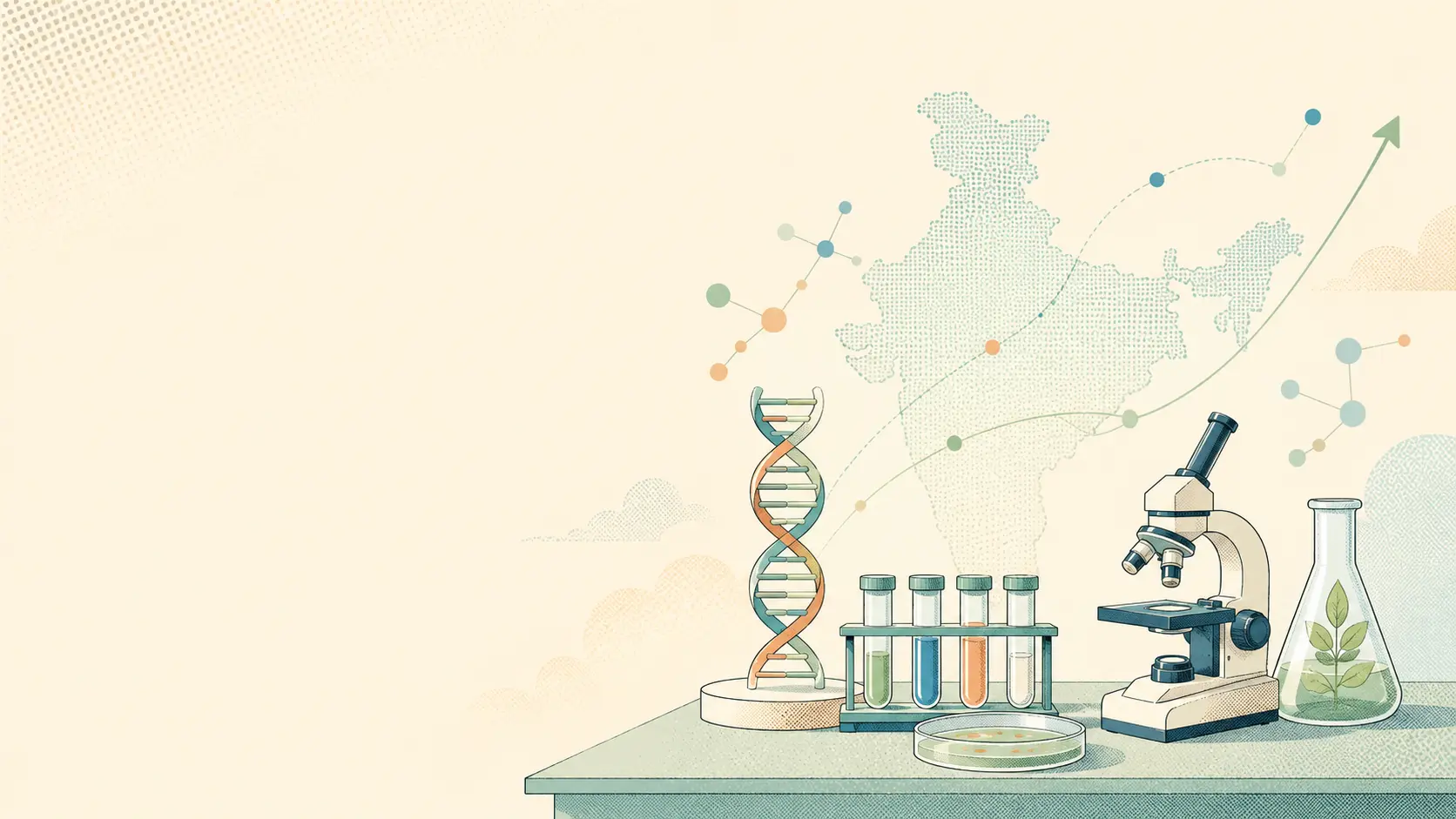 Lab tools, DNA, a microscope and an India map showing the growth of biotech innovation in India.