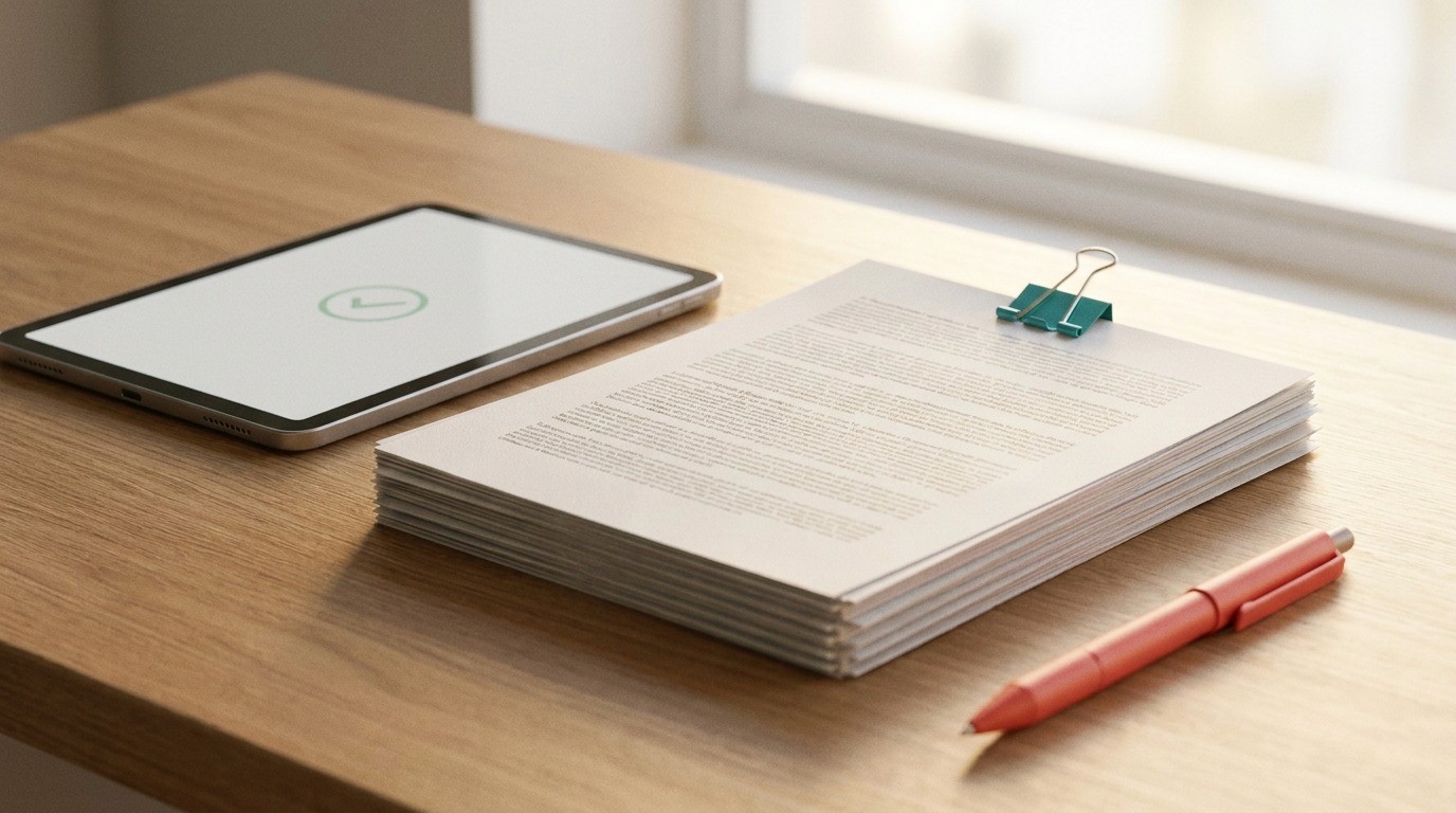 Editorial still-life of pharmaceutical regulatory documents, a tablet showing a checkmark, and a pen on a desk, representing a completed MLR compliance review