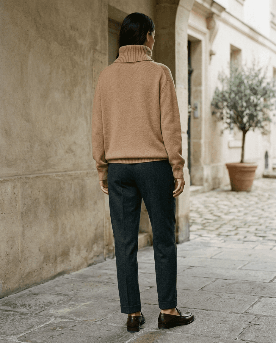 Ivory Cashmere Turtleneck — Camel — full