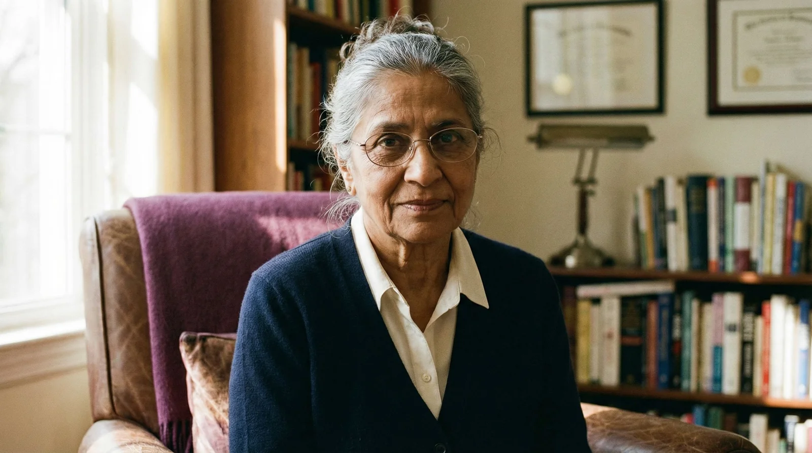 Senior professional with silver-streaked hair and wire-frame glasses, quiet dignified authority, bookshelves and framed credentials in background