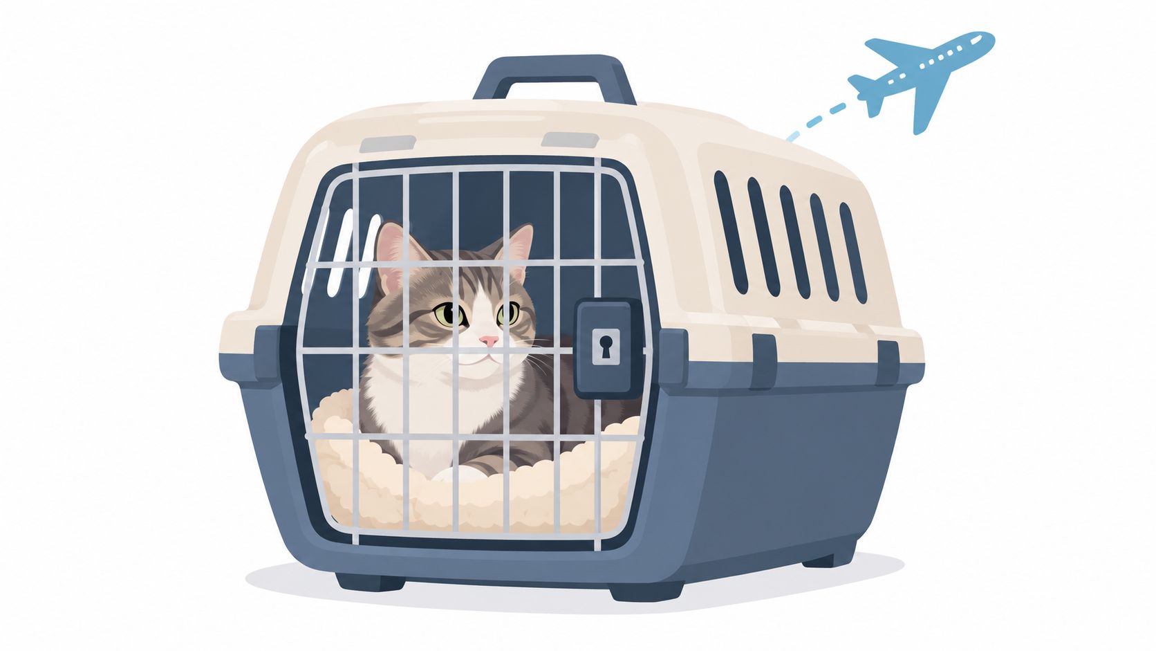 A cute cat sitting inside a sturdy pet travel carrier with an airplane icon flying above it.