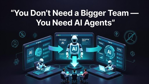 Futuristic illustration of agentic AI agents working alongside human marketing teams, showing autonomous AI replacing or augmenting traditional ad agencies by handling full campaign execution, strategy, creative, and optimization on glowing screens."