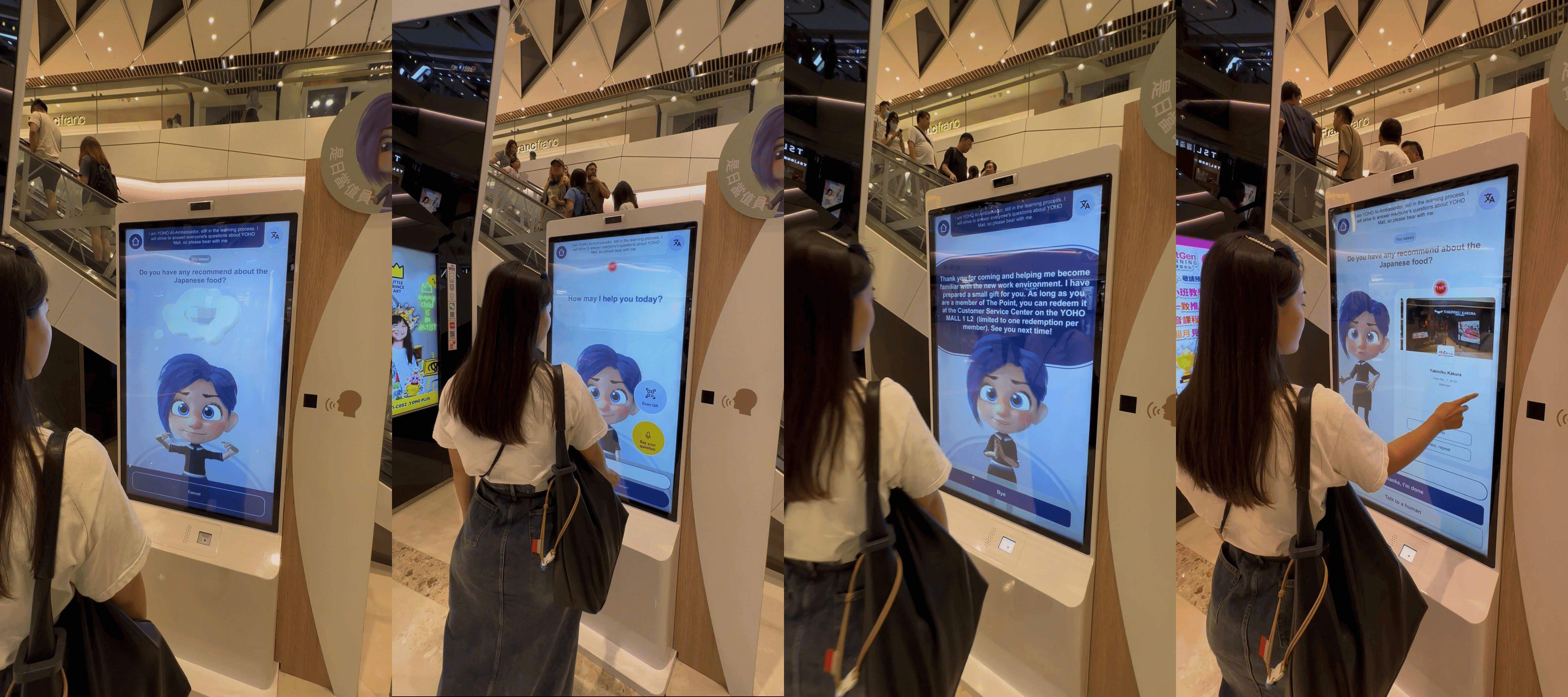 Senior product designer using an AI-powered kiosk in a shopping mall to evaluate accessibility, first-time interaction barriers, and inclusive user experience in public spaces.