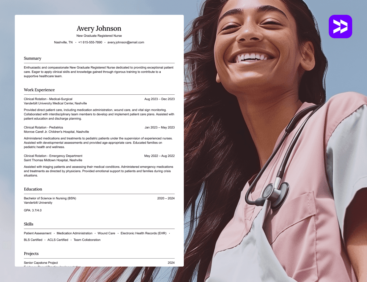 Registered nurse resume example on a clean background