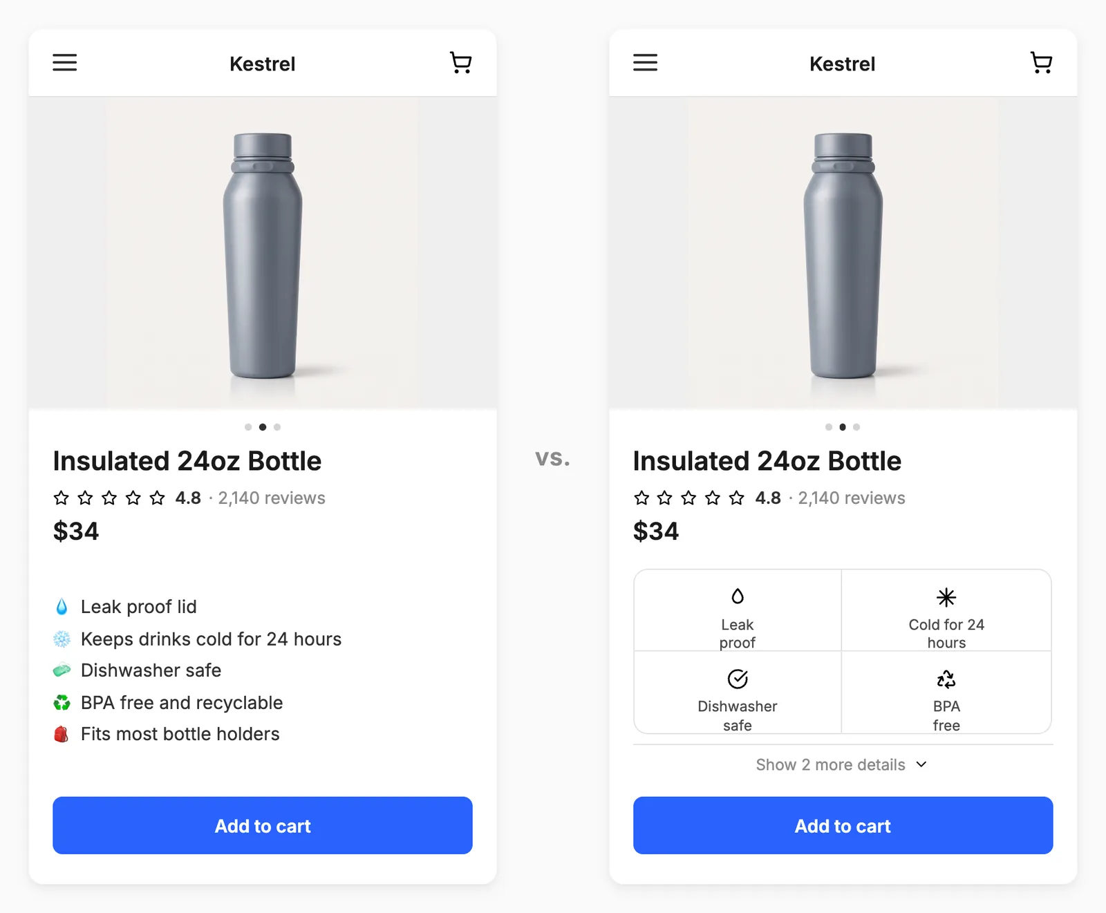 Product page benefits test: control five-line emoji benefits list versus variant four-benefit icon grid with a show-more-details expand
