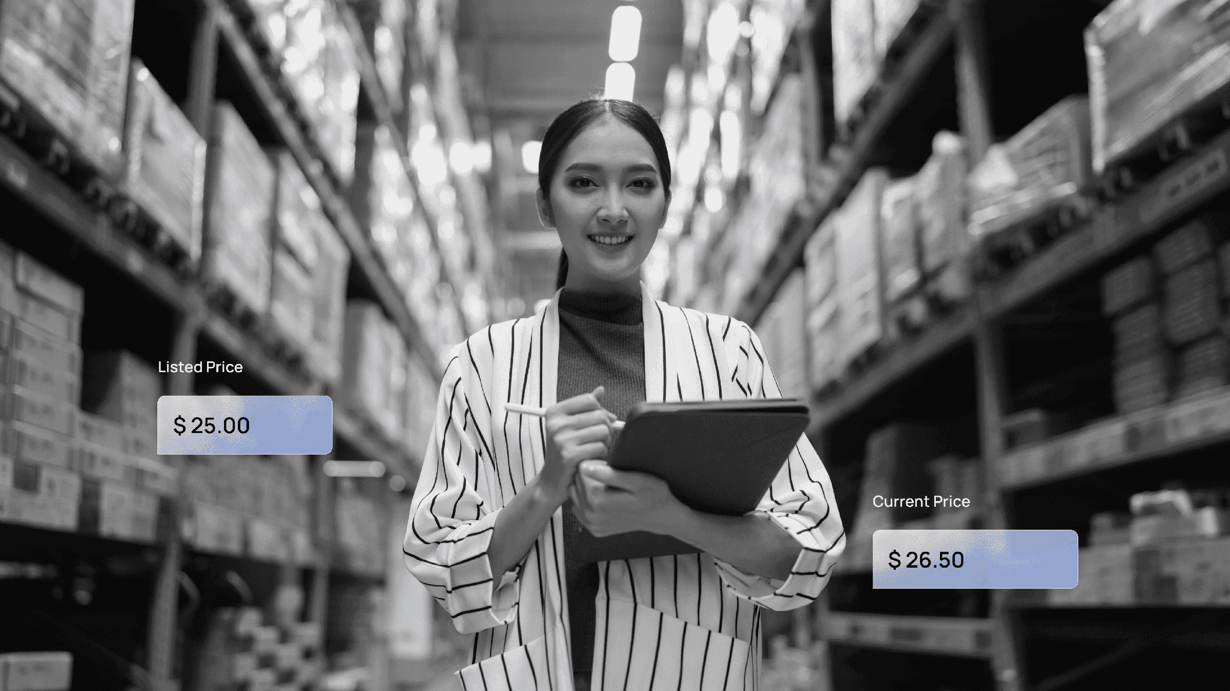 Warehouse worker using a tablet to compare listed and current product prices, illustrating Ecom360's price monitoring feature