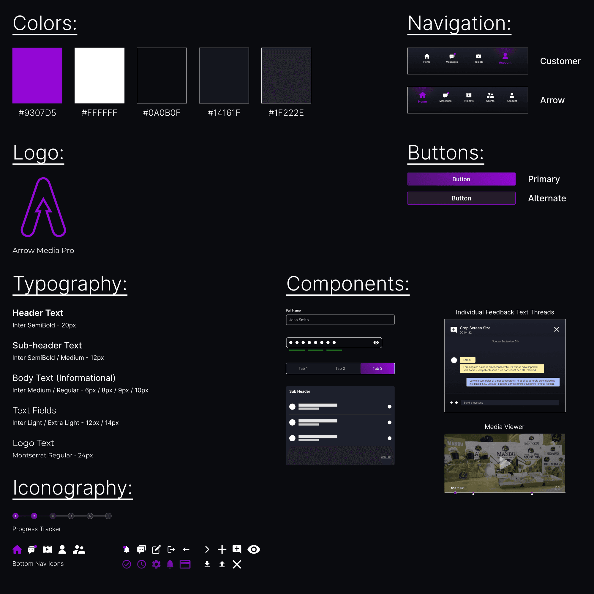 A style guide for a mobile app showing color choice, typography, and UI components