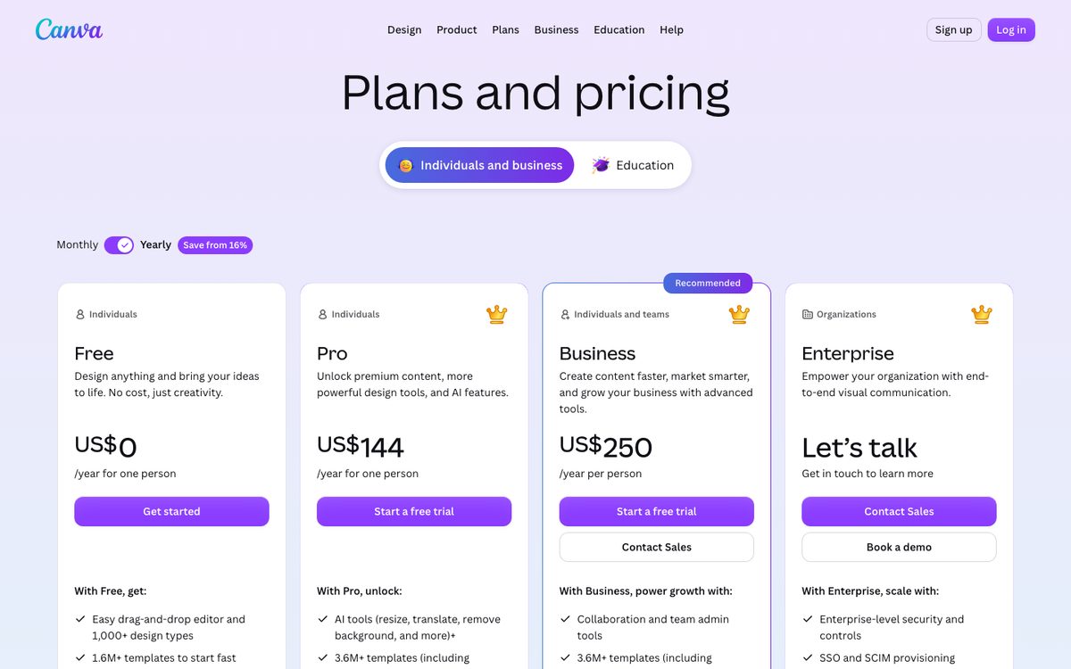 Canva’s Plans and pricing page, showing Free at US$0 and Pro at US$144 a year for one person