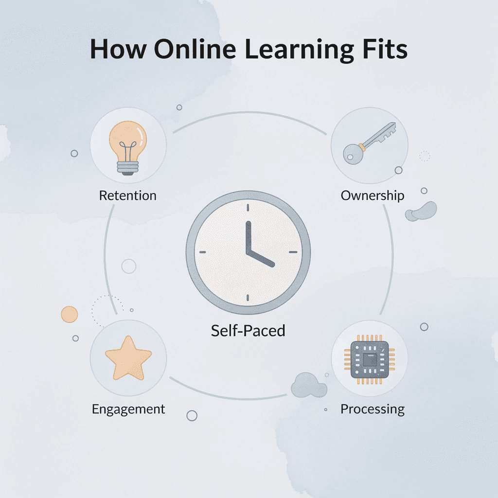 Hub and spoke infographic showing how online learning connects to key aspects of a child's mind