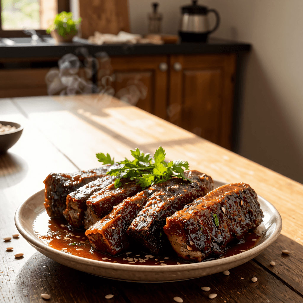 product photography of a plate of marinated beef ribs