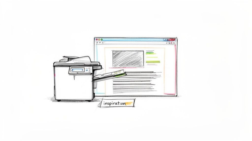 Digital inspiration from a website being printed by a copier, highlighted with text.