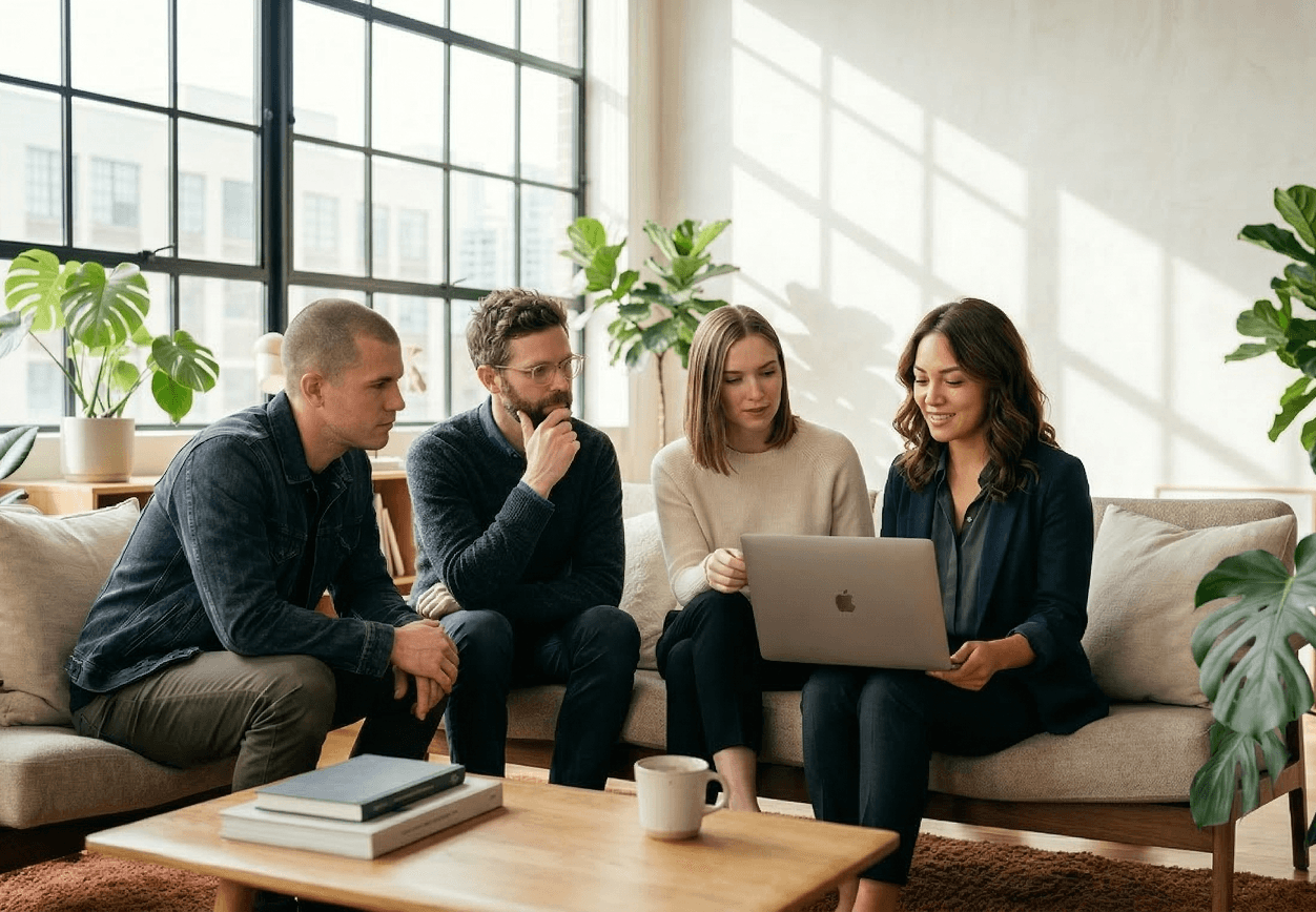 Team collaborating on a laptop while seated on a sofa
