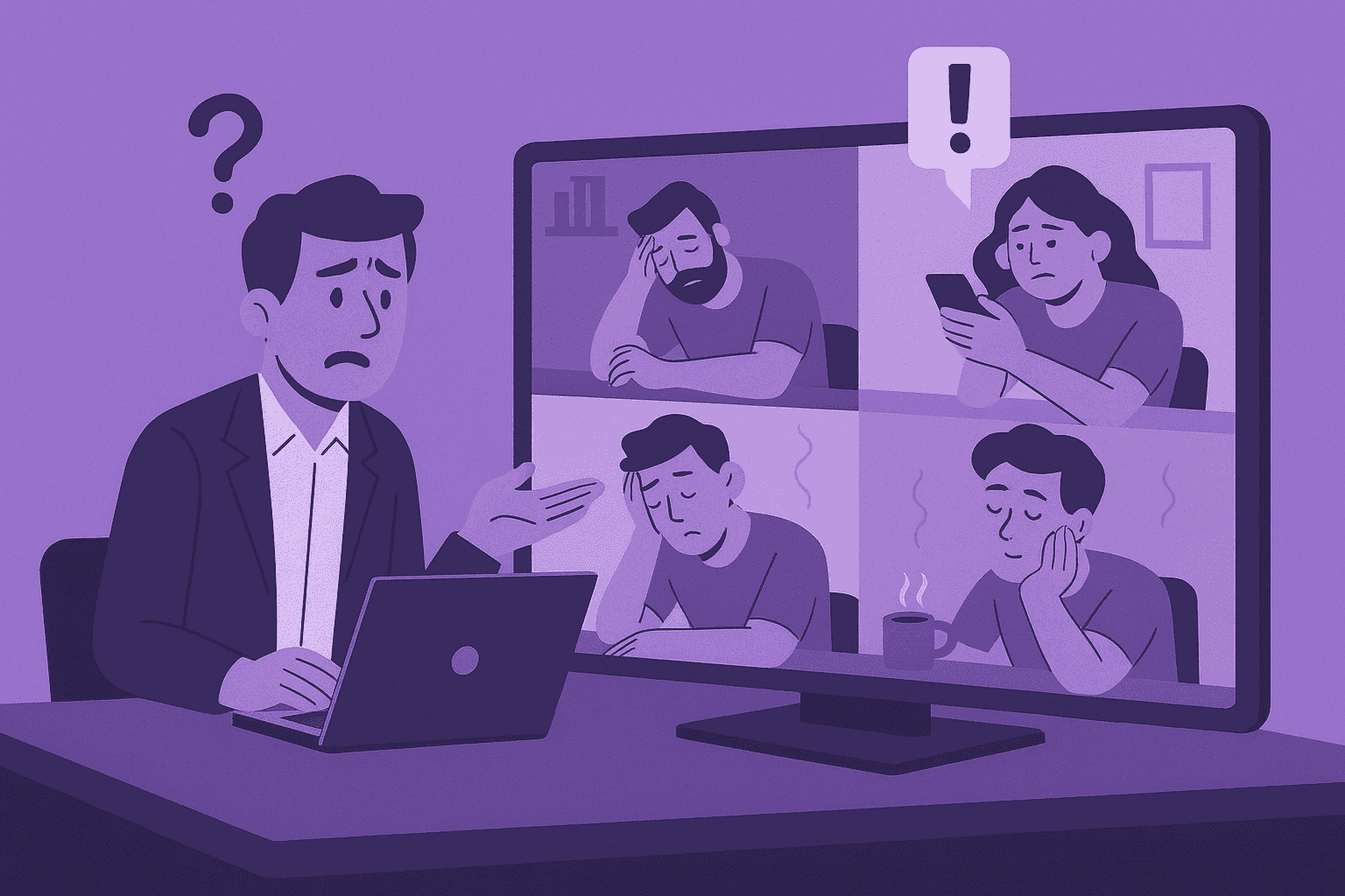 Flat-style digital illustration of a remote meeting where employees appear disengaged while a confused leader gestures on a video call screen, representing unproductive teamwork during a remote transition.