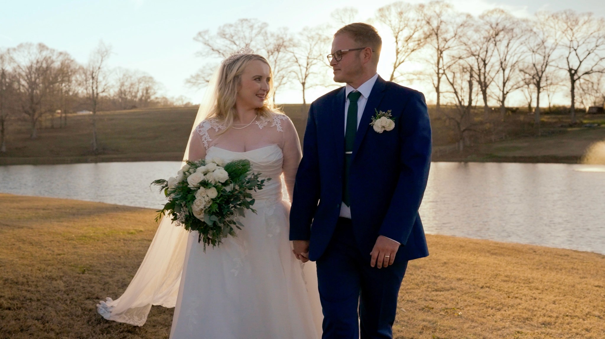 Photo of bride and groom at sunset.