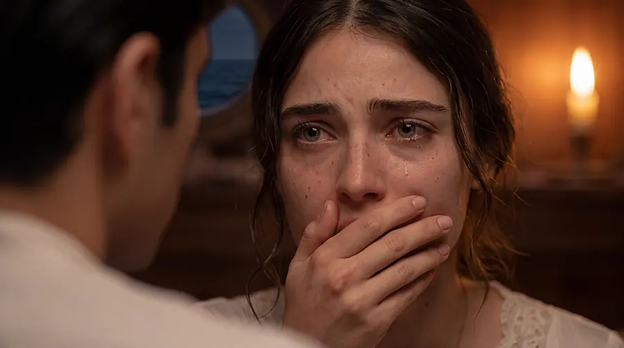 A young woman weeping with her hand over her mouth, a man watching