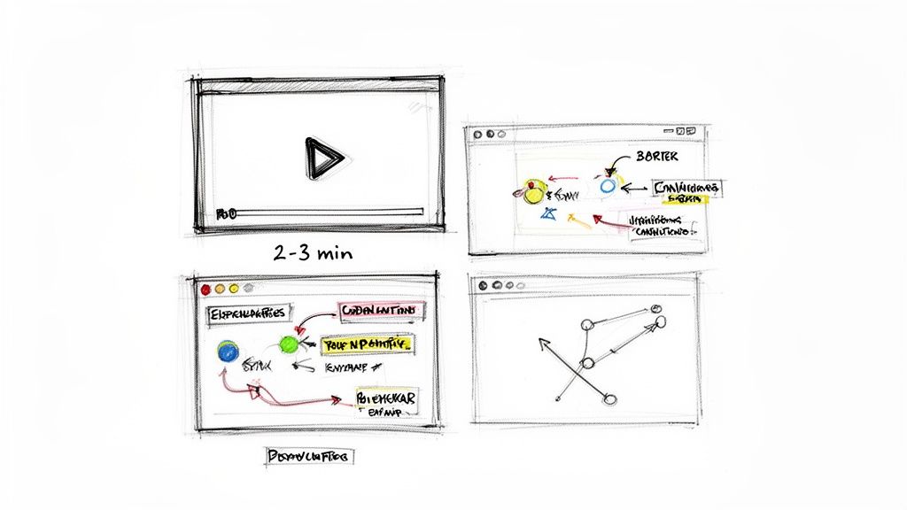 Hand-drawn sketches of four conceptual diagrams, including a video player and process flows.