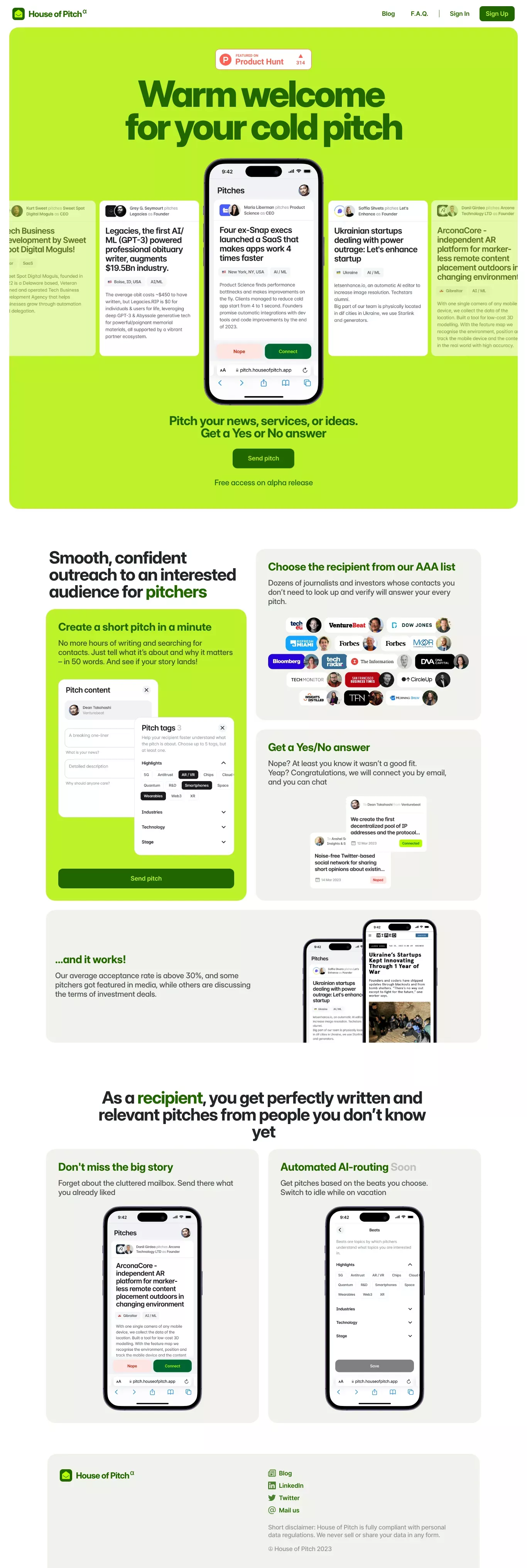 House of Pitch landing page screenshot showcasing Tech and PR design