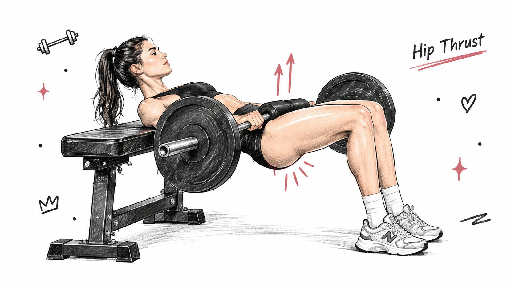 A digital illustration of a woman performing a barbell hip thrust exercise on a gym bench.