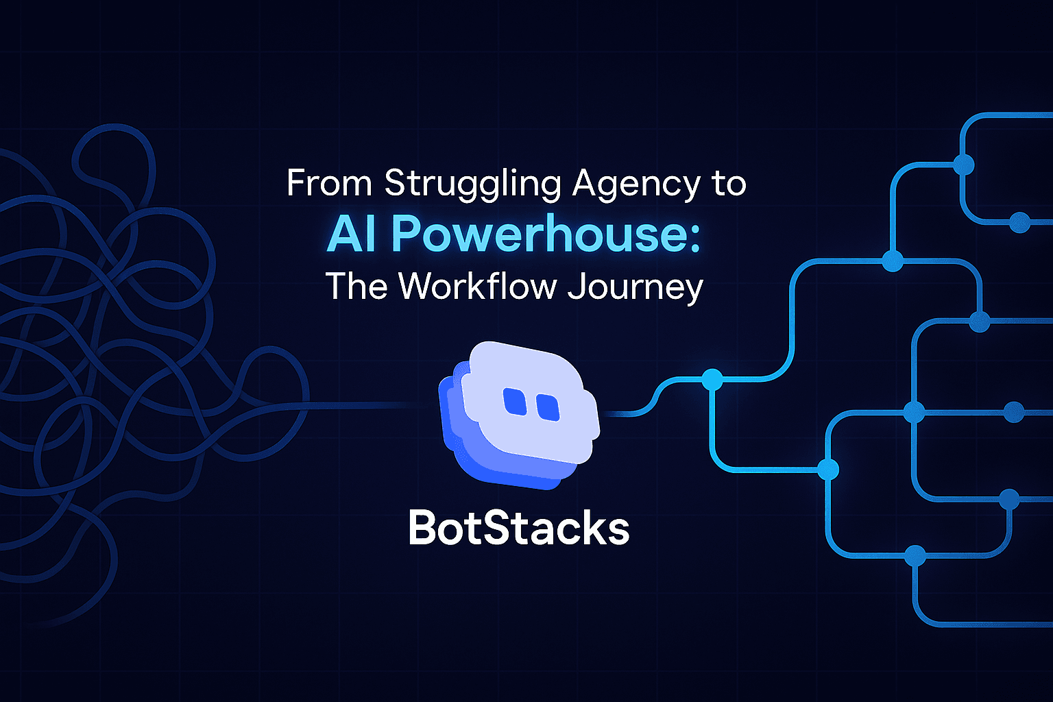 Illustration depicting the transformation journey from struggling agency to AI powerhouse. The image shows a workflow evolution from left to right: starting with tangled, chaotic blue lines representing inefficient processes, transitioning to an organized, structured workflow system with glowing cyan nodes at key decision points and an upward trending graph. The BotStacks logo appears in the bottom right corner against a deep navy blue grid background.