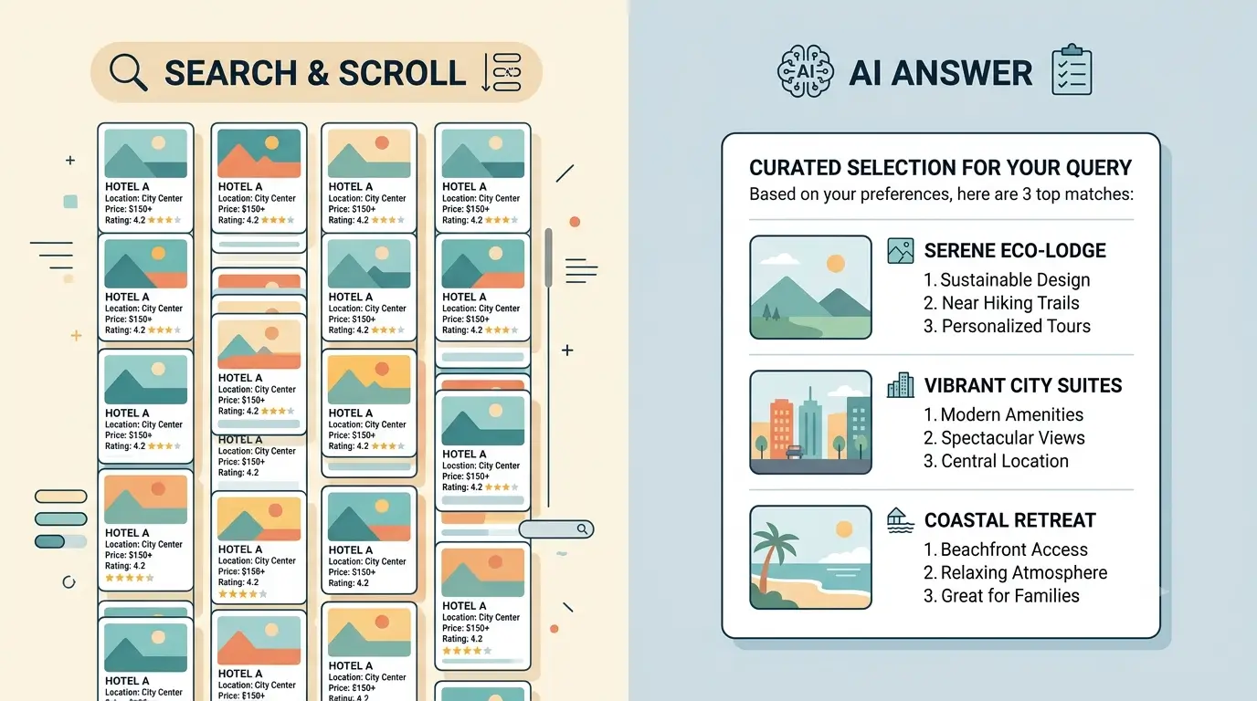 A comparison showing a long list of hotel listings on the left versus a single AI-generated shortlist of three recommended stays on the right.