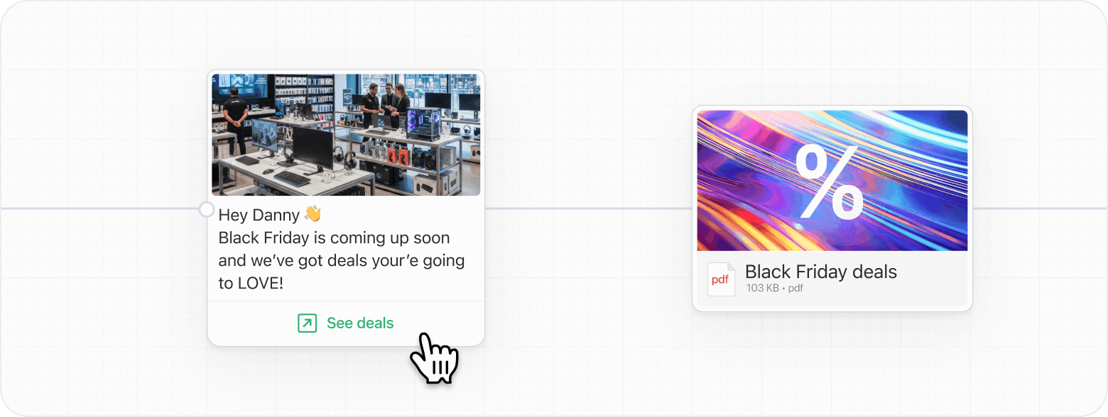 WhatsApp automated Black Friday messages with personalised greeting and colorful discount promotional banner