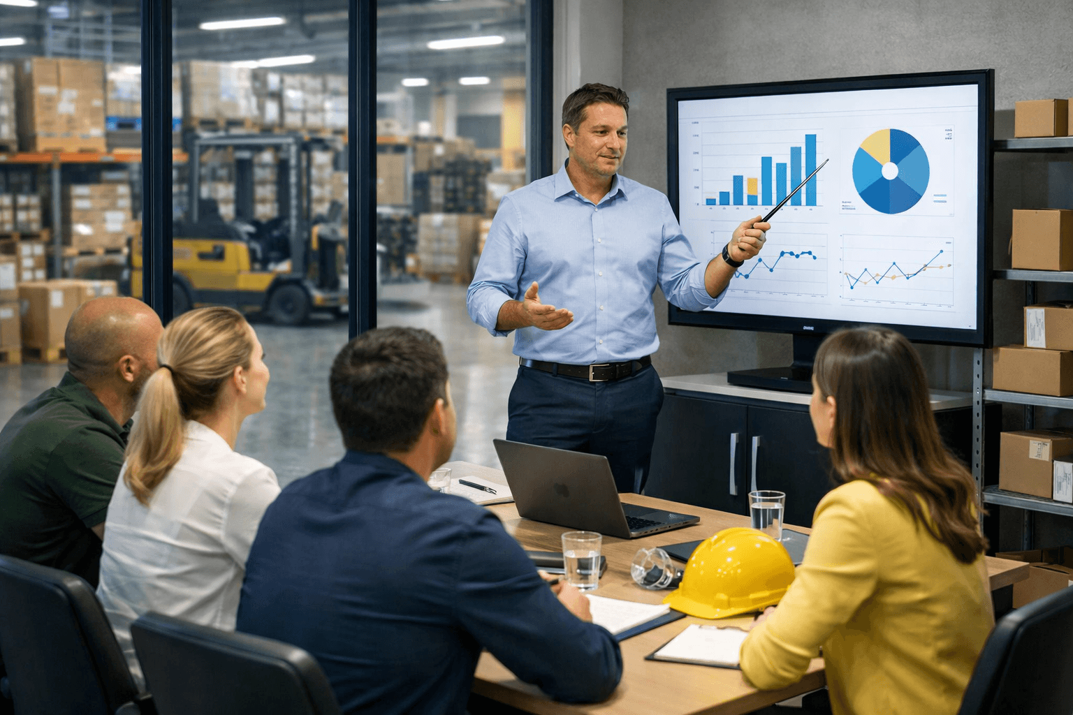 Equipe comercial em treinamento dentro de escritório de indústria e distribuidora, com gestor apresentando gráficos de desempenho e metas de vendas para o time, ao lado de área de estoque ao fundo, representando capacitação, estratégia comercial e gestão no setor B2B.