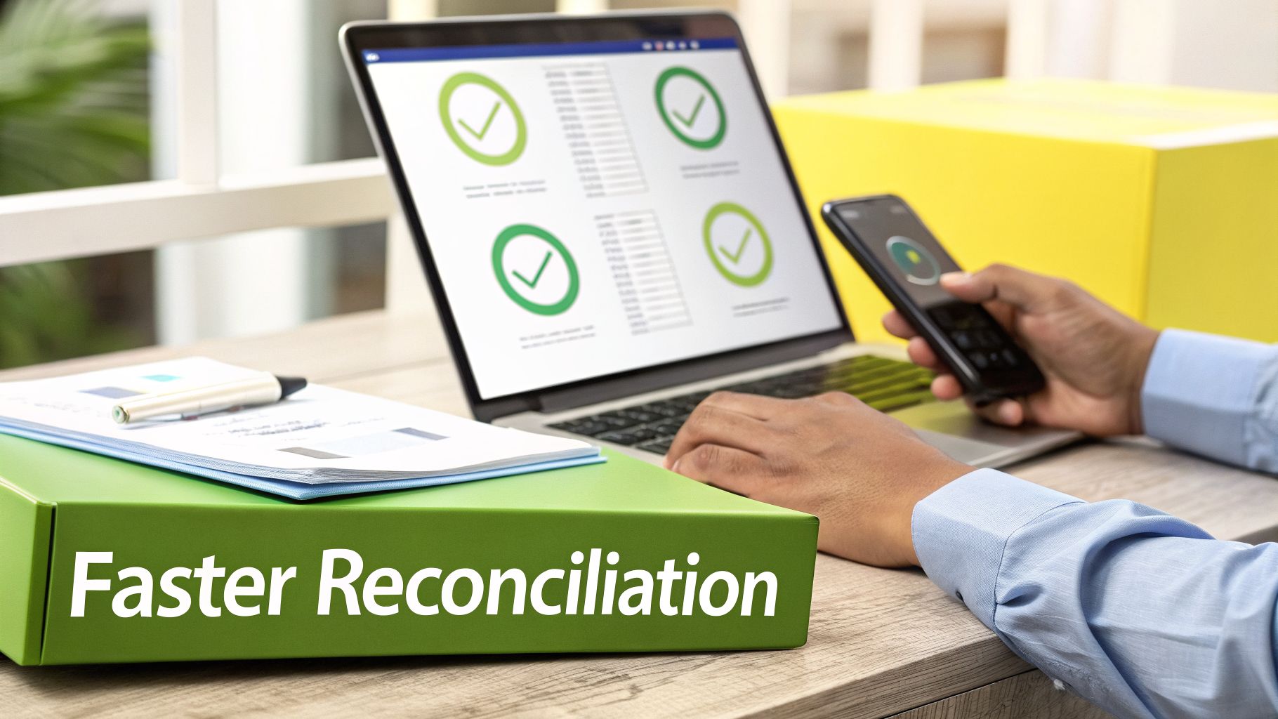 Person using laptop and smartphone for financial tasks, with 'Faster Reconciliation' binder.