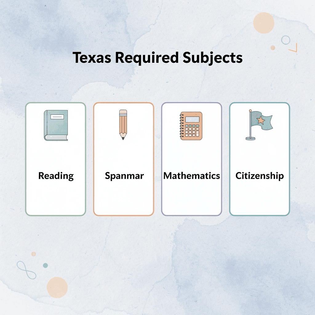 Infographic showing the five required subjects for Texas homeschooling