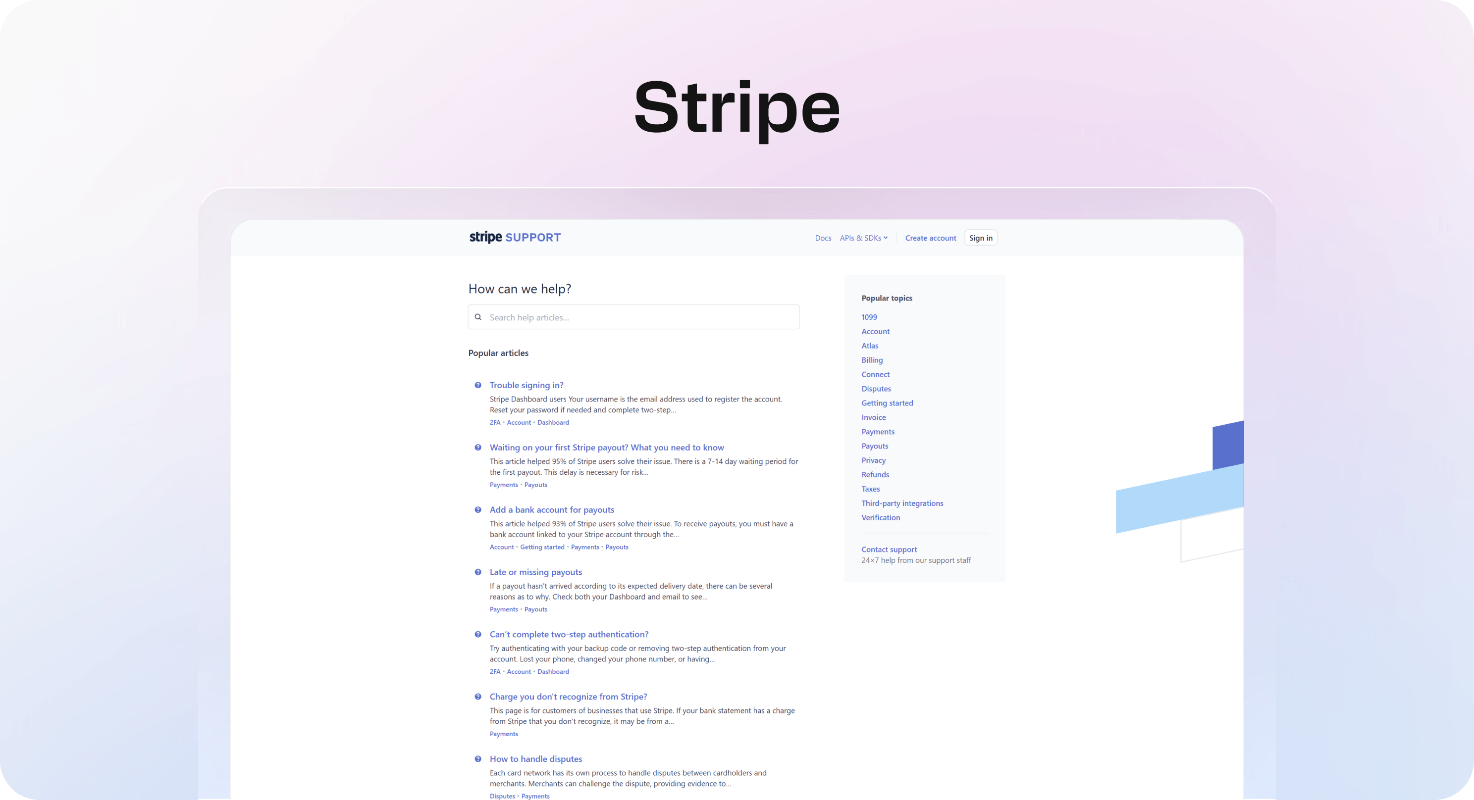 Screenshot of Stripe’s support center showing a help search bar, popular articles, and topic links in a sidebar.