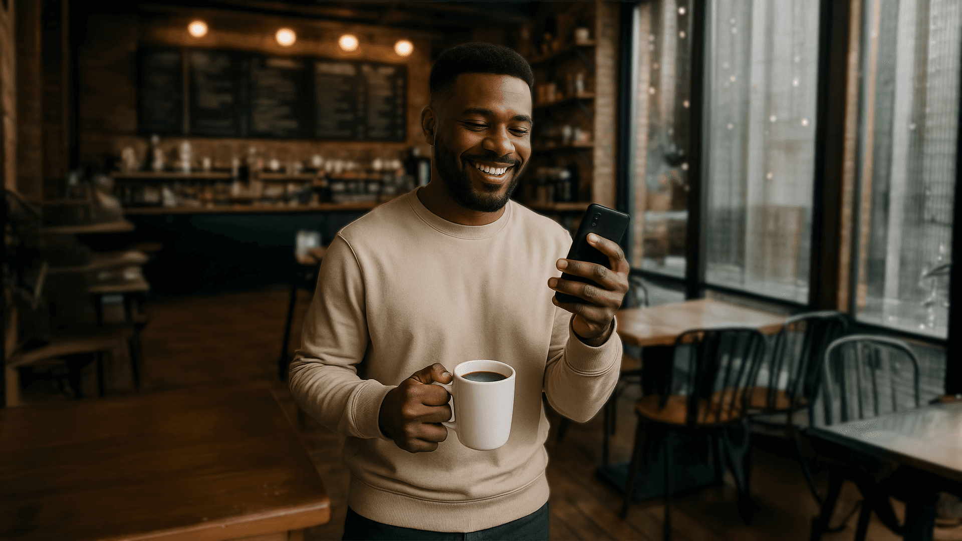 Man in een café met een kopje in de hand terwijl hij zijn smartphone gebruikt.