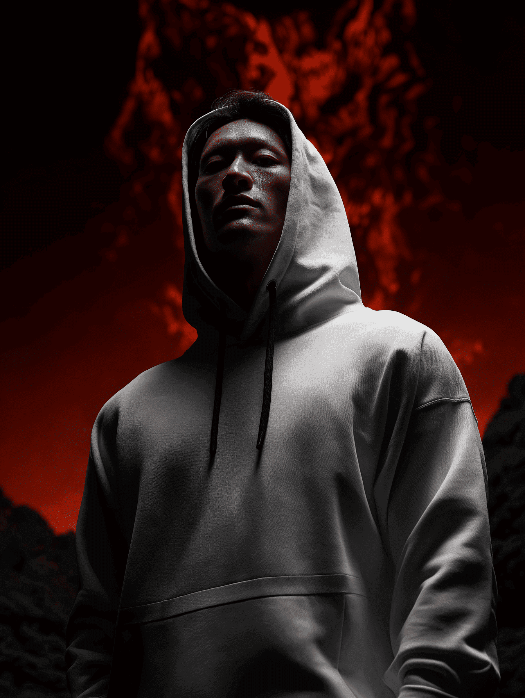 Person in hoodie with red light on face looking intensely at camera