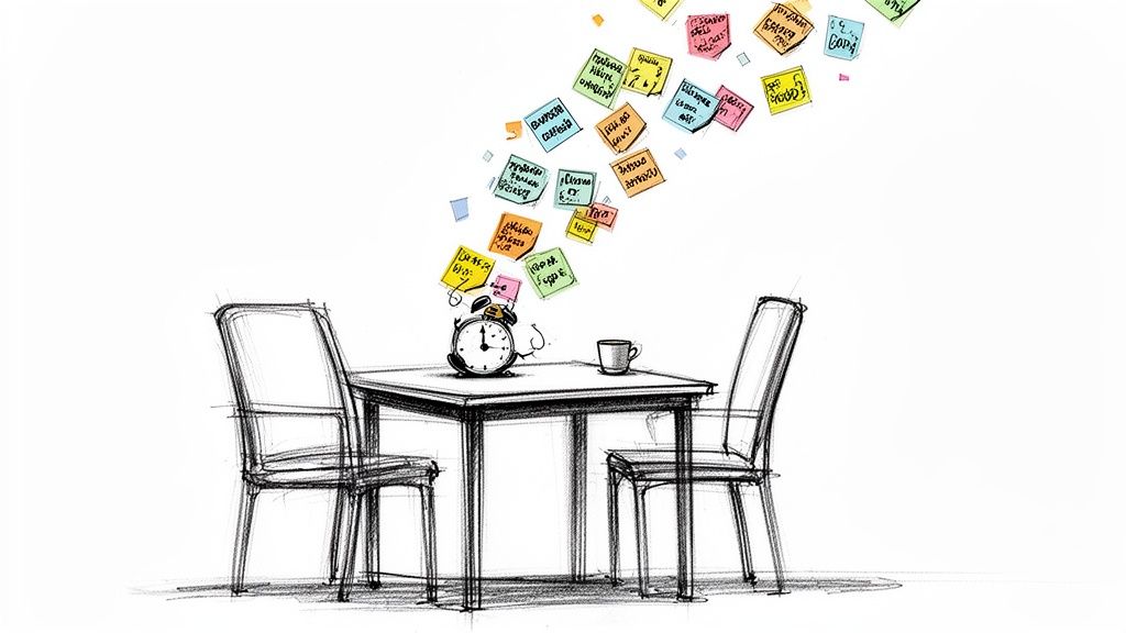 Illustration of a table, chairs, alarm clock, and sticky notes flying, representing meeting productivity.