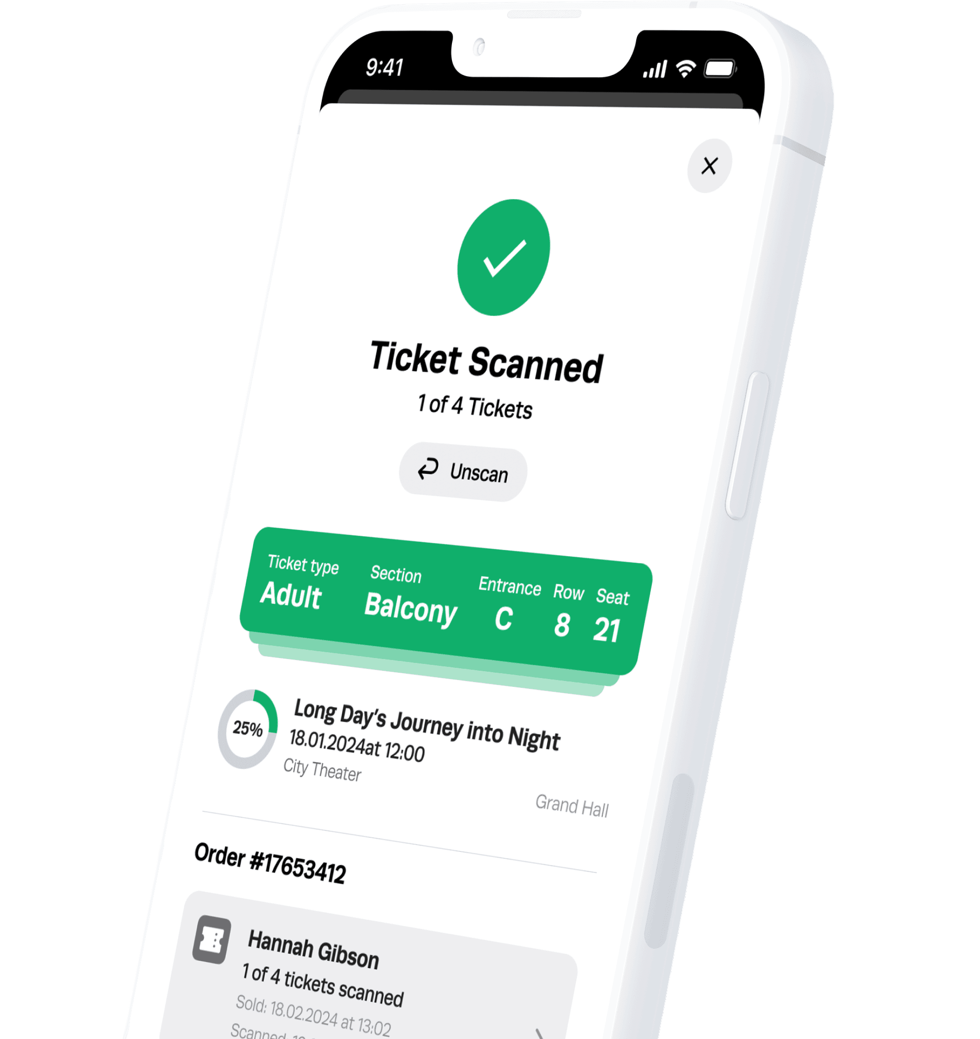 Phone showing tixly stats app, one ticket scanned