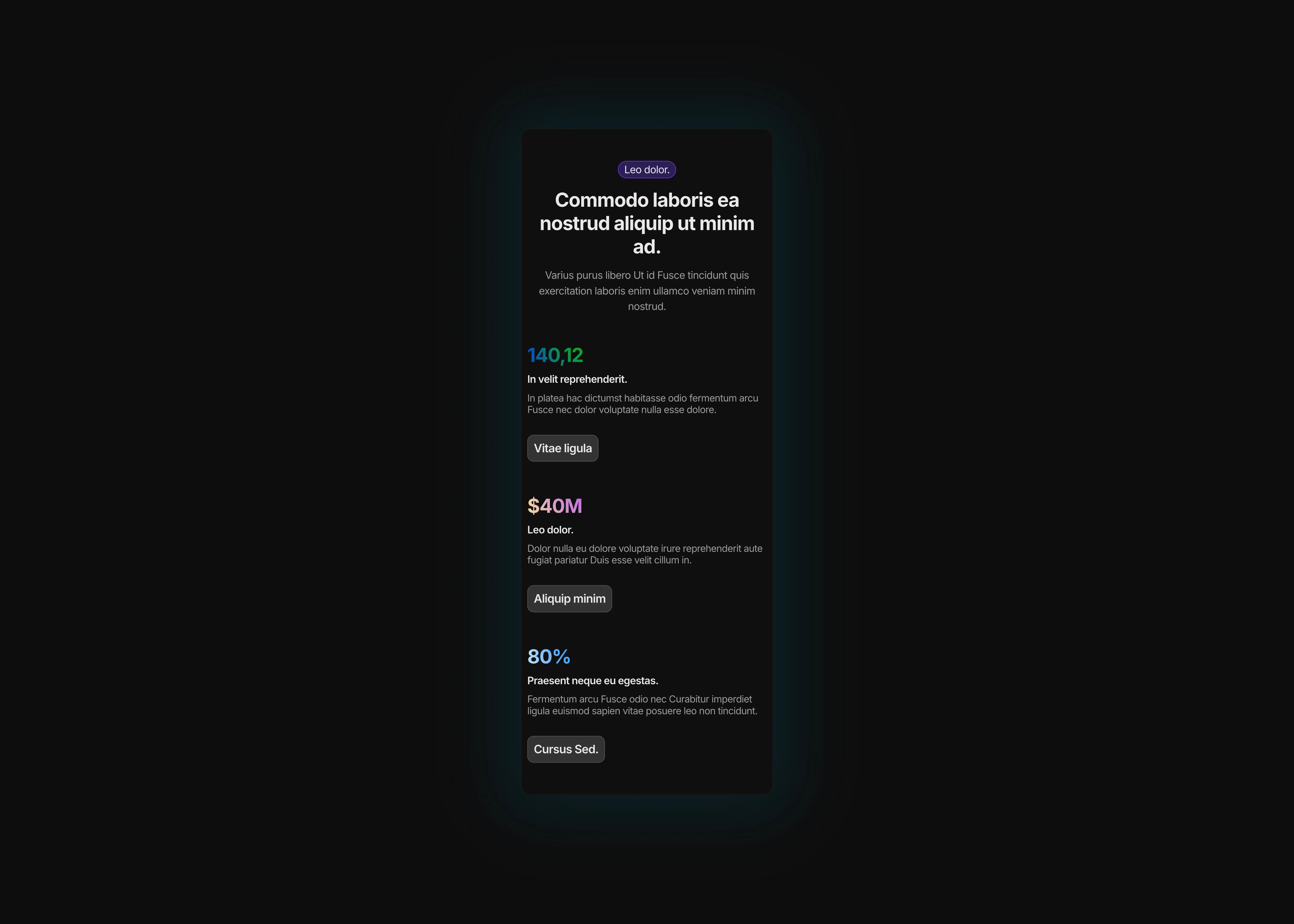 A dark themed stats section with colorful text formats for mobile devices