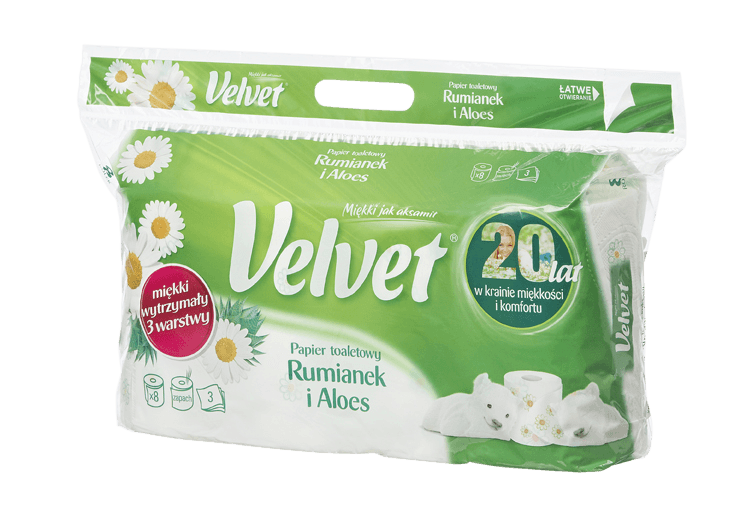 Velvet Toilettenpapier Rumianek i Aloes, 3-lagig, 20 Jahre Jubiläum. Sanftes Toilettenpapier