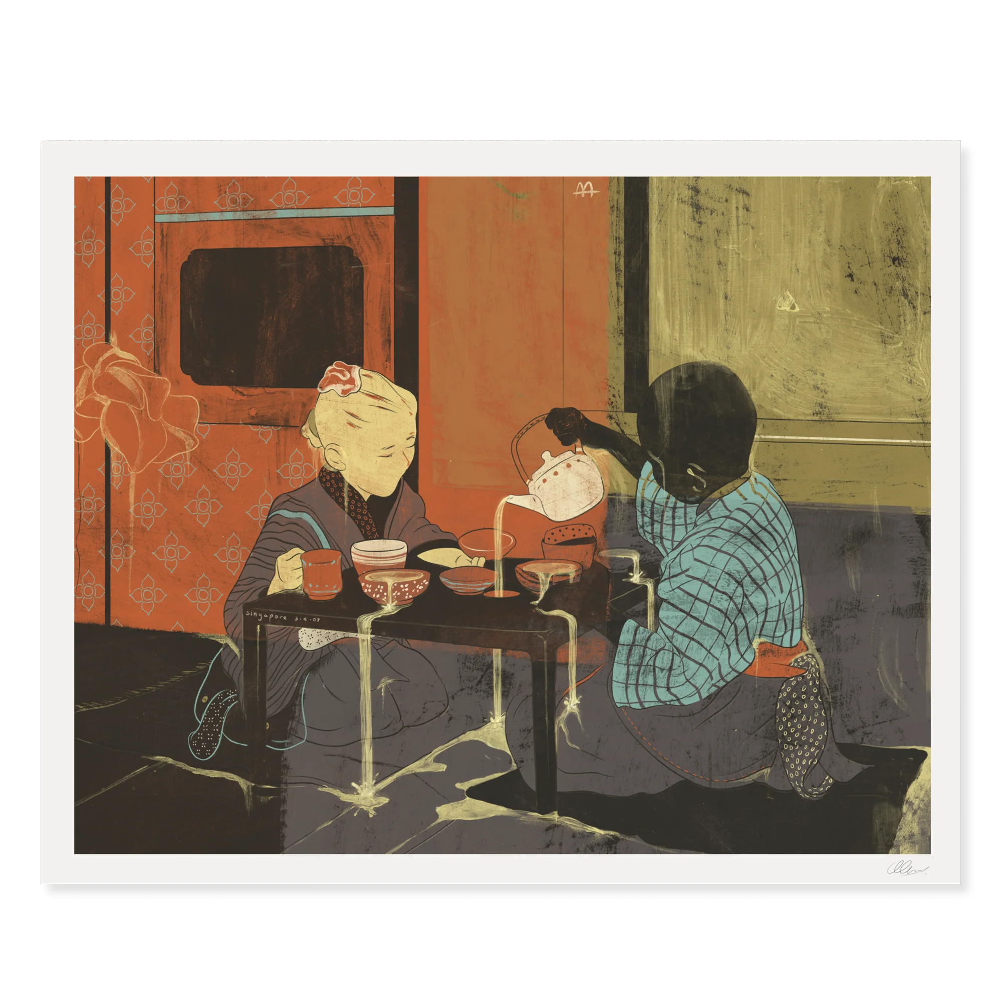Sharing Alike by Andrew Archer – atmospheric Japanese-inspired illustration of two children sharing tea inside a traditional home with painterly textures and quiet storytelling.