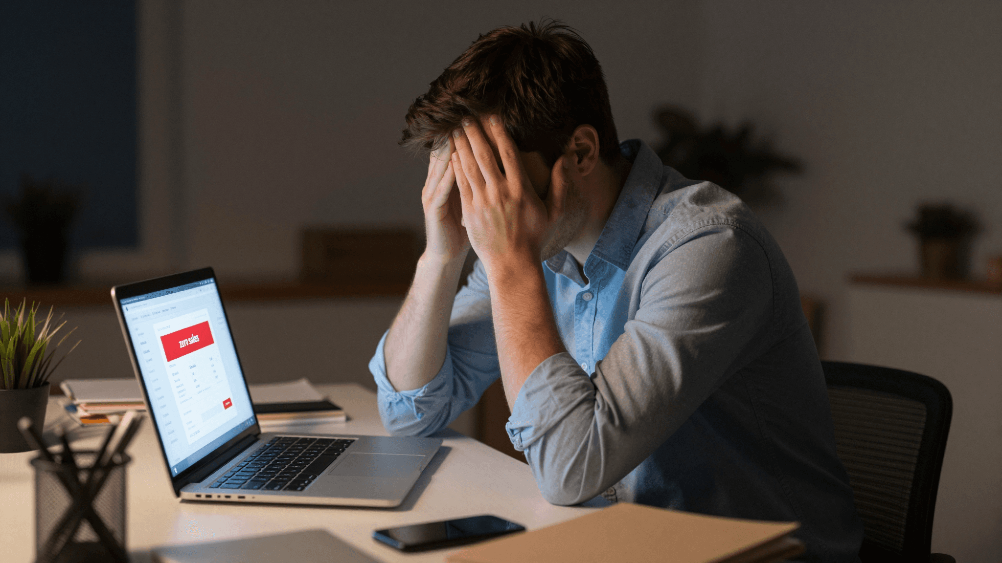 Stressed seller looking at failed Facebook ad metrics